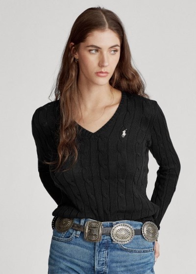 Sueter Polo Ralph Lauren Mujer Negros / Blancos - Cable-Knit V-Neck - USETB2465